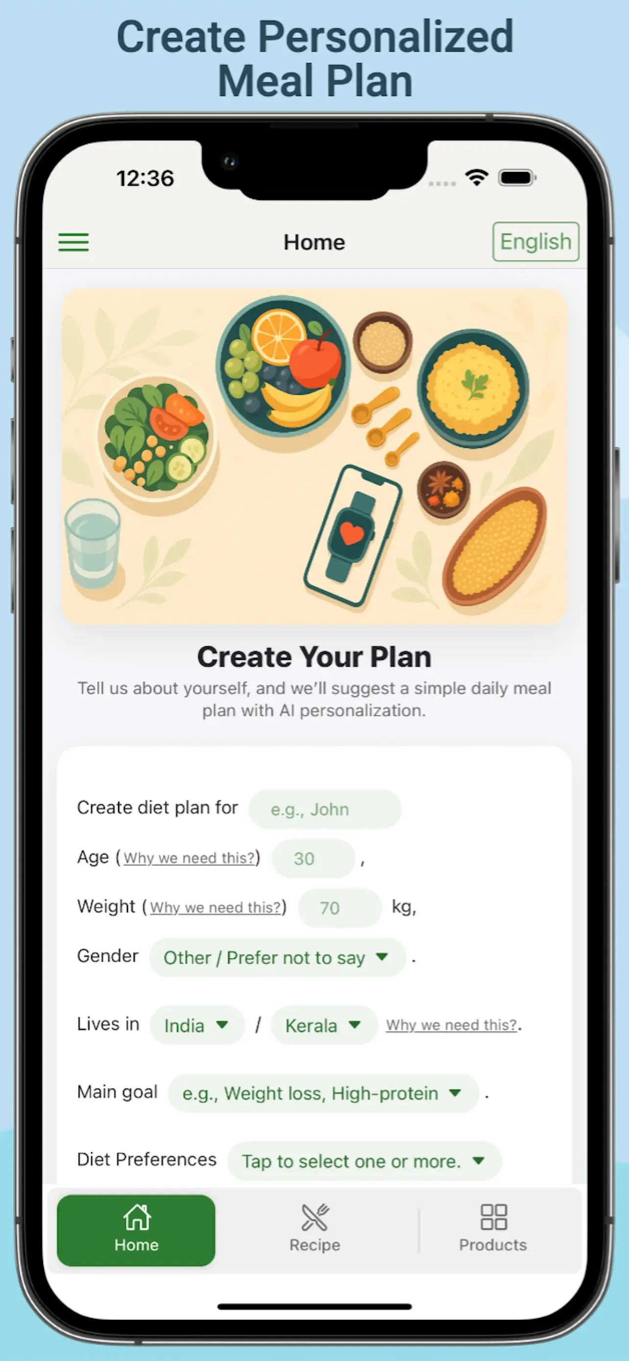 LivaMeal language and profile setup for a personalised meal plan