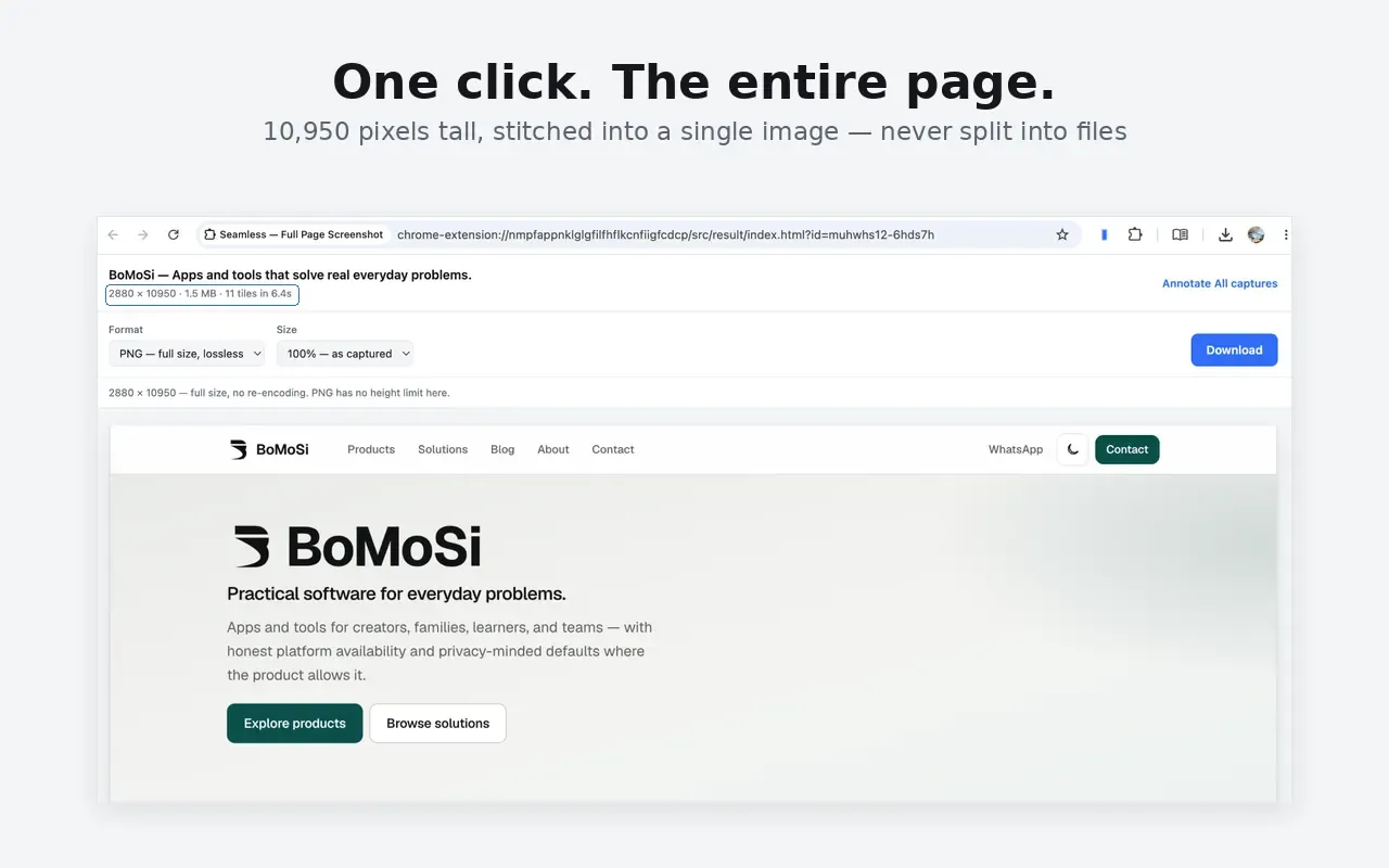 Seamless Chrome extension capturing a full page screenshot