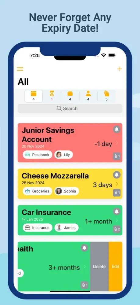 vExpiry home screen with colour-coded expiry status